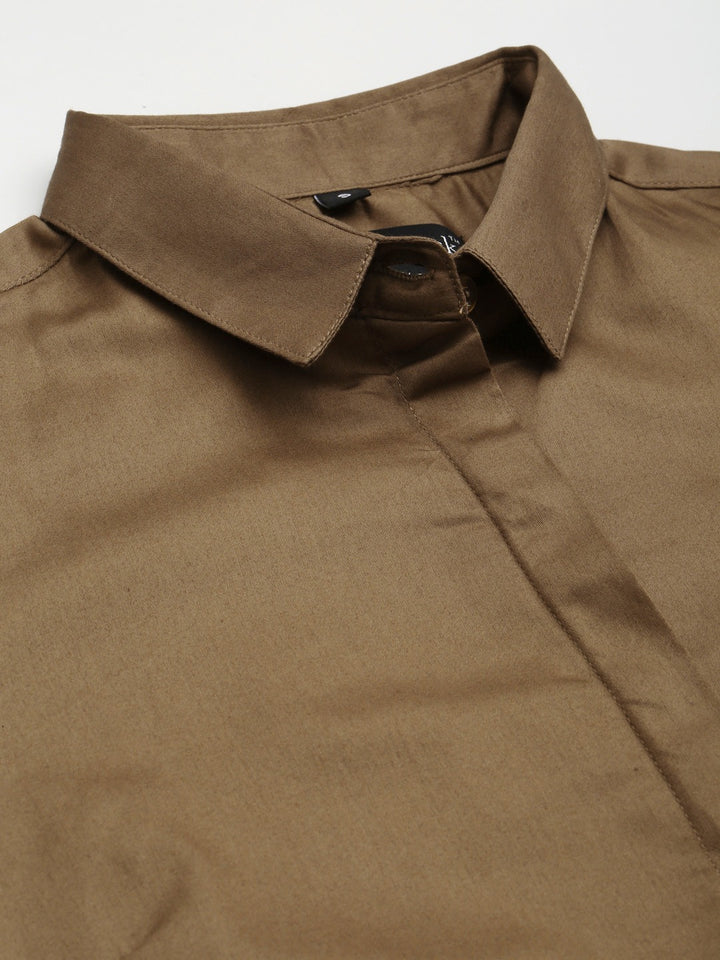 Women Brown Solid Pure Cotton Satin Slim Fit Formal Shirt