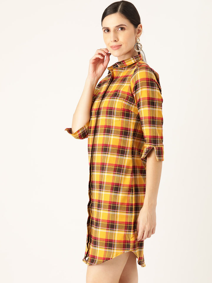 Women Yellow & Maroon Checks Pure Cotton Regular Fit Formal Dress