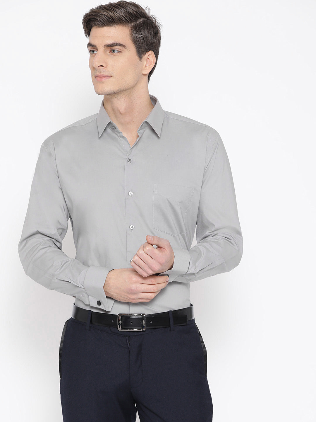 Men Light Grey Cotton Solid French Cuff Slim Fit Formal Shirt