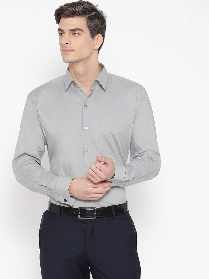 Men Light Grey Cotton Solid French Cuff Slim Fit Formal Shirt