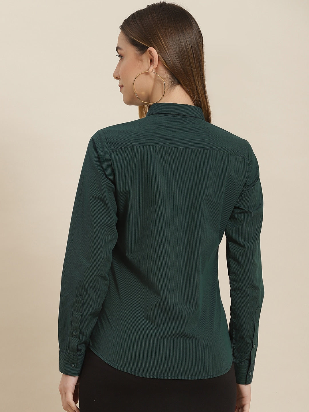 Women Green & Navy Pin Striped Cotton Slim Fit Formal Shirt
