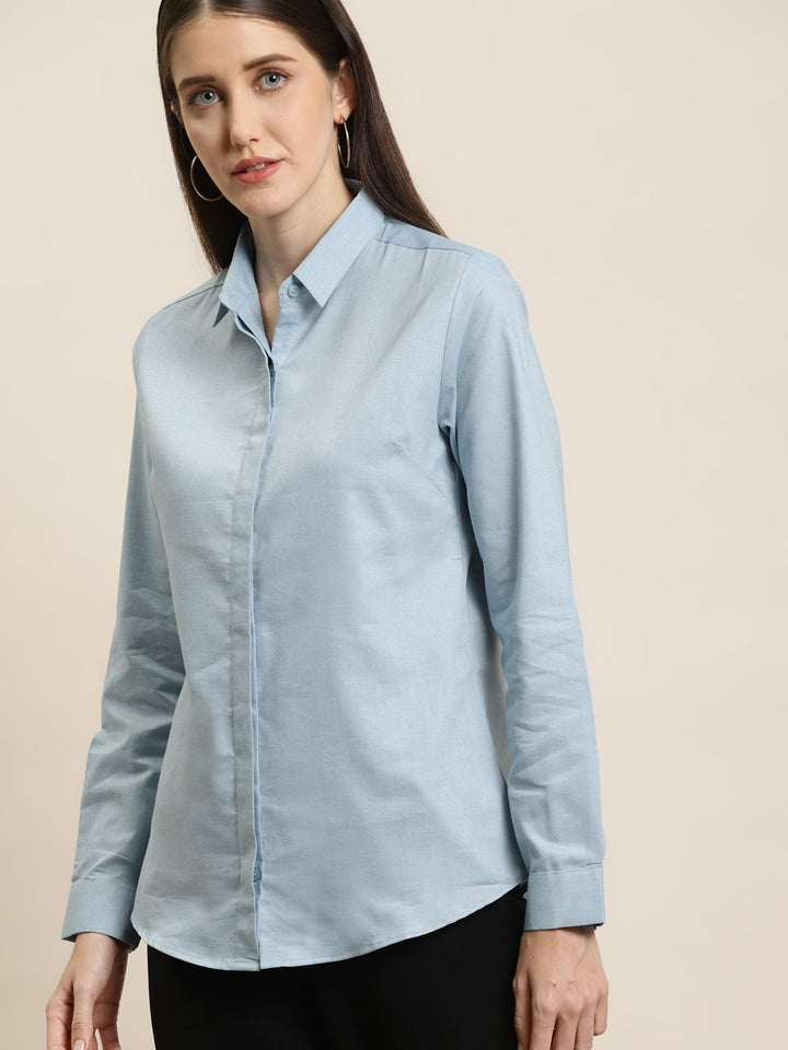 Women Turquoise Blue Solid Chambray Cotton Rich Slim Fit Formal Shirt