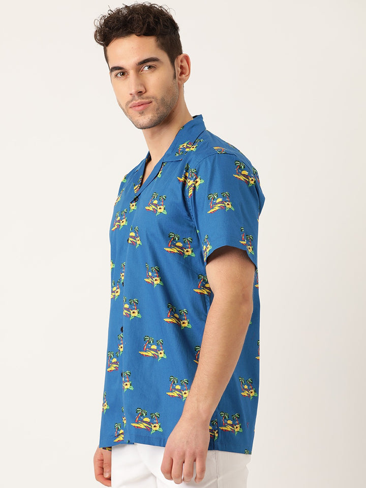 Men Blue Printed Pure Cotton Relaxed Fit Casual Resort Shirt