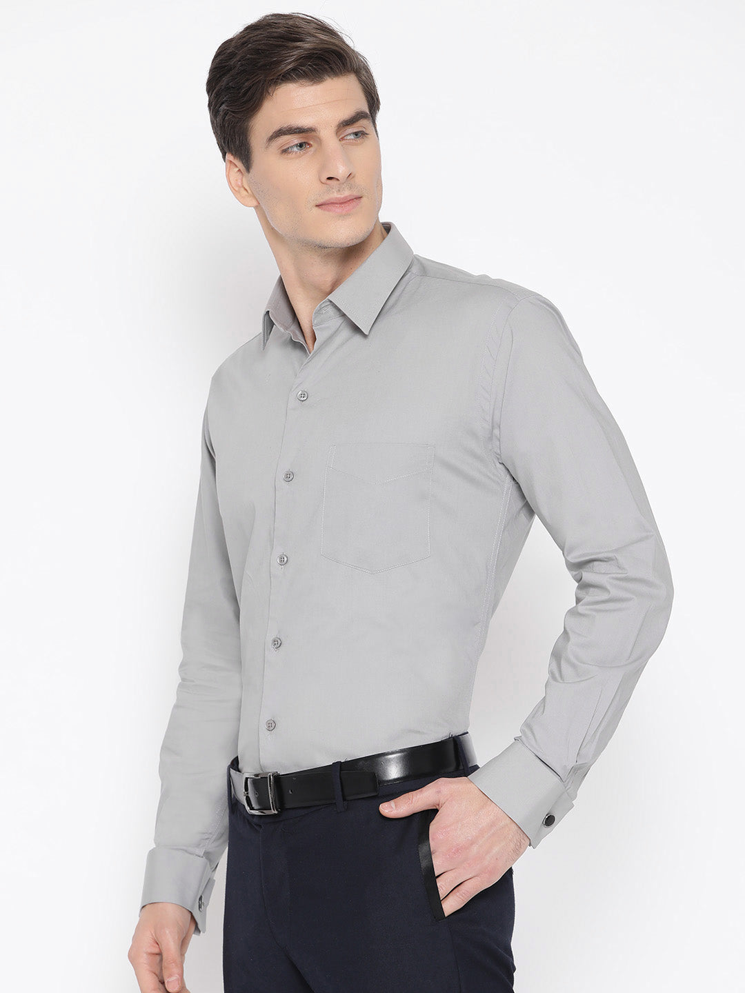 Men Light Grey Cotton Solid French Cuff Slim Fit Formal Shirt