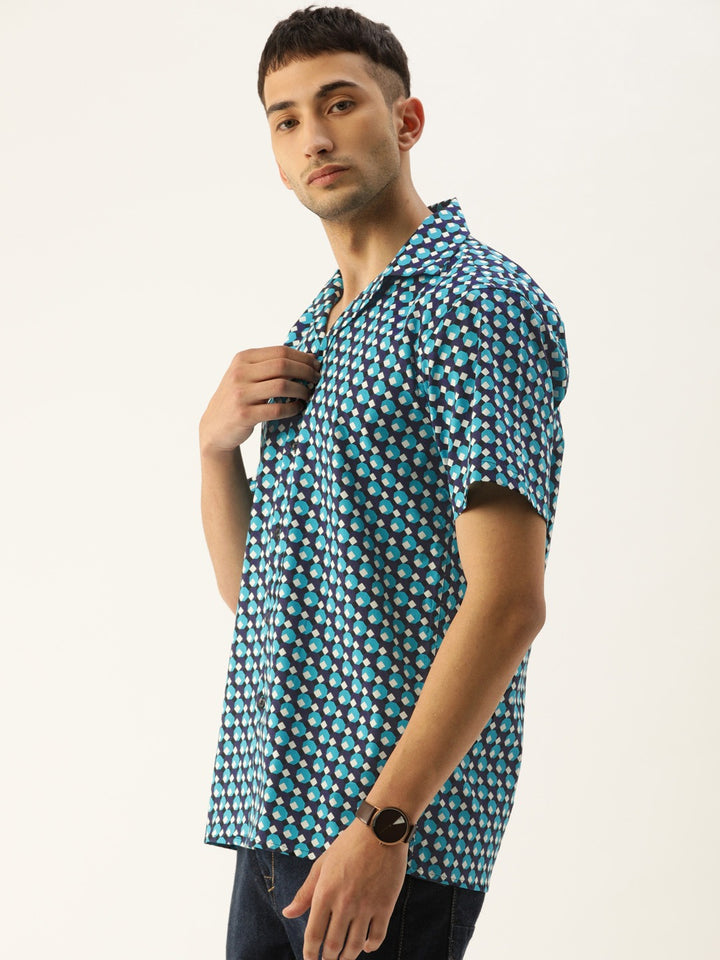 Men Navy & Blue Printed Pure Cotton Relaxed Fit Casual Resort Shirt