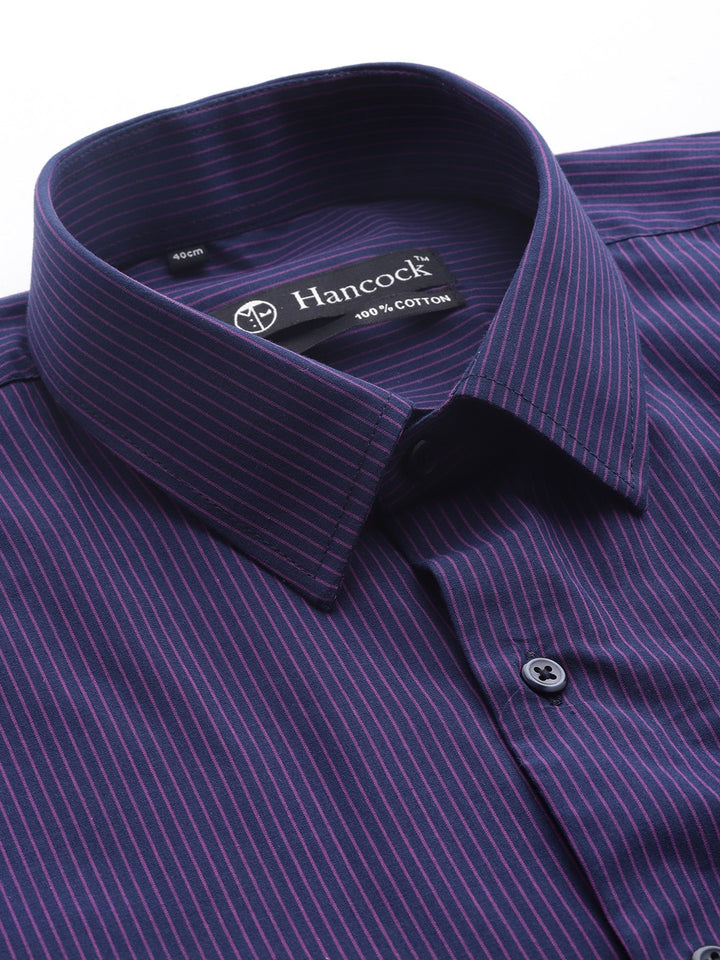 Men Navy Stripes Pure Cotton Slim Fit Formal Shirt