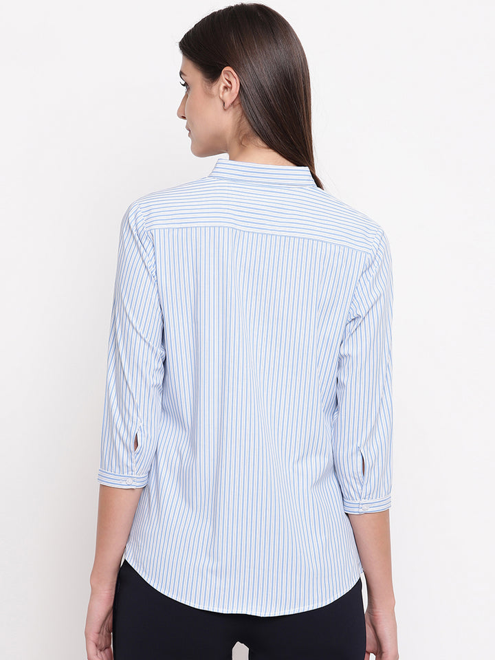 Women White & Blue Pure Cotton Striped Slim Fit Formal Shirt