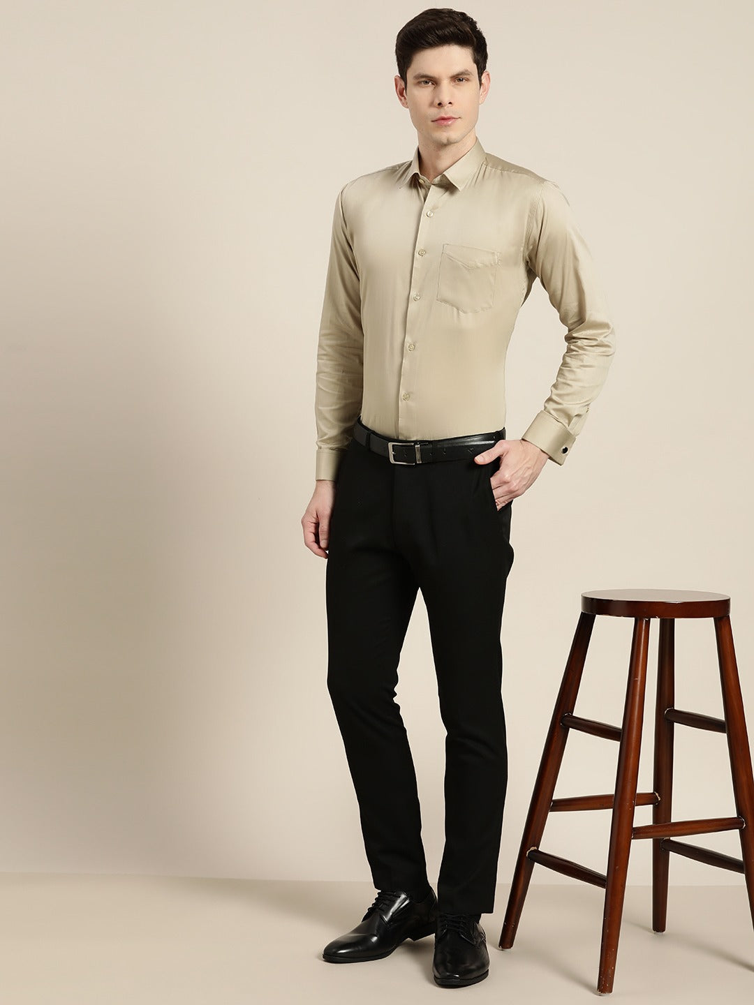 Men Beige Solid Satin French Cuff Pure Cotton Slim Fit Formal Shirt