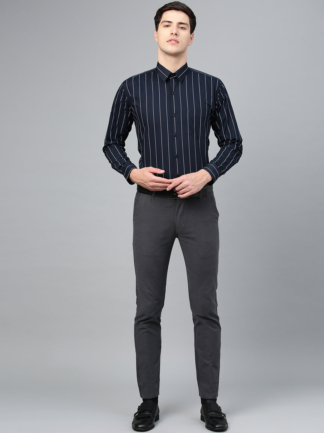 Men Navy Pure Cotton Striped Slim Fit Formal Shirt