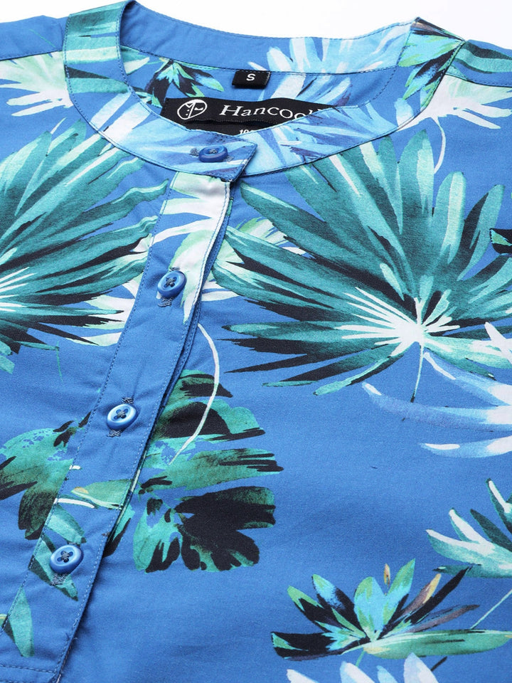 Women Blue Printed Pure Cotton Slim Fit Formal Top