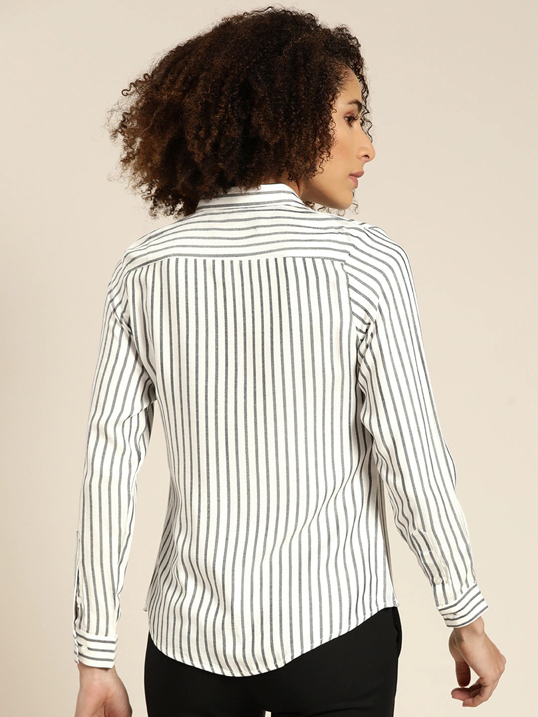 Women White & Grey Stripes Viscose Rayon Slim Fit Formal Shirt