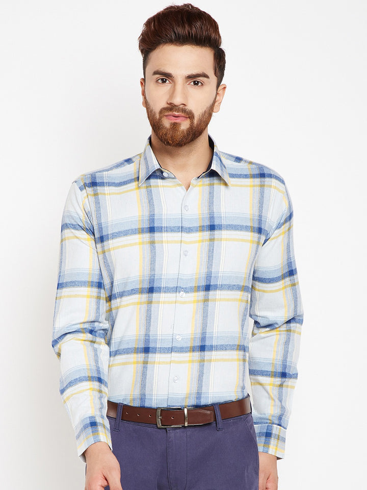 Men Grey-Yellow Checks Pure Cotton Slim Fit Formal Shirt