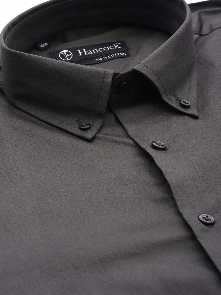 Men Dark Grey Solid Satin Pure Cotton Slim Fit Formal Shirt