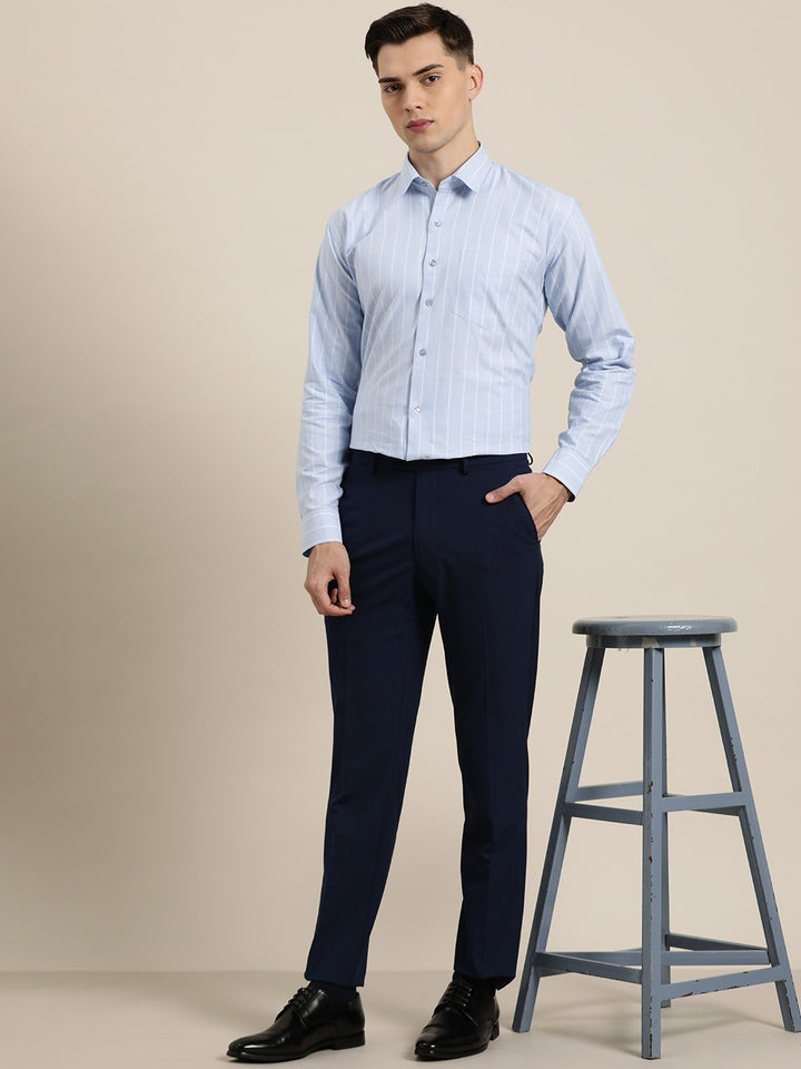 Men Sky Blue Stripes Pure Cotton Slim Fit Formal Shirt