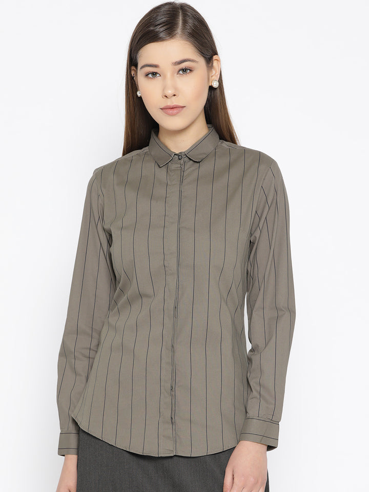 Women Grey Pure Cotton Striped Slim Fit Formal Shirt