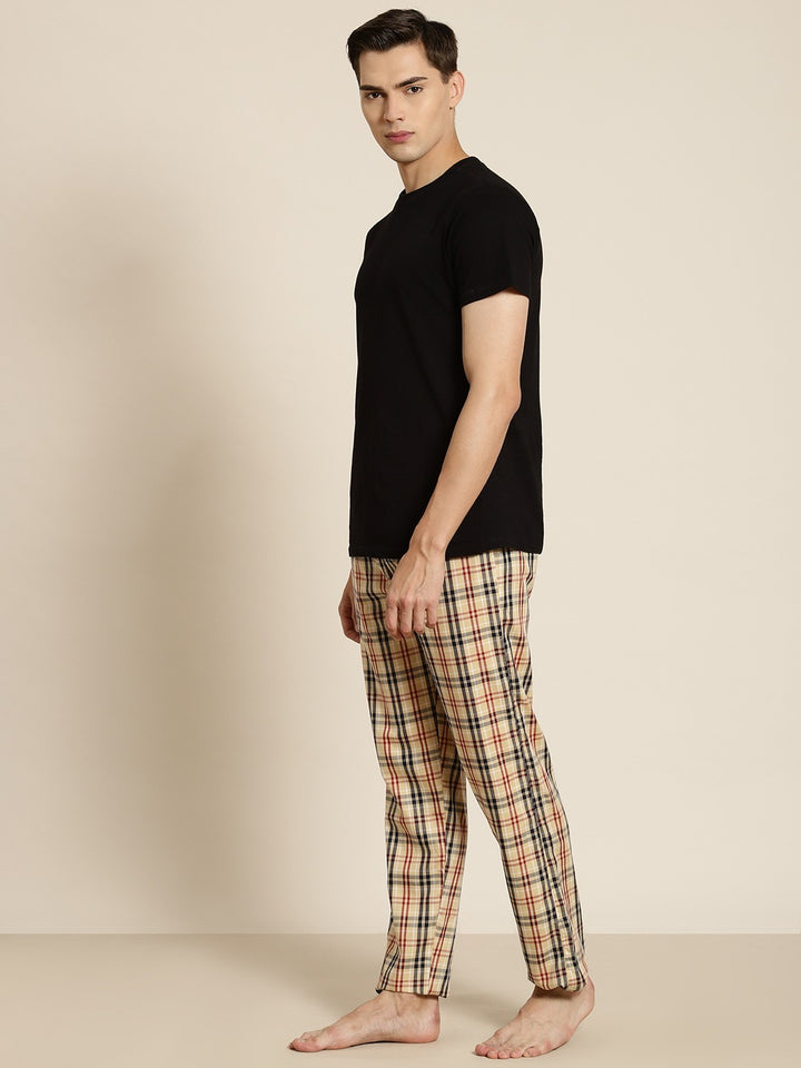 Men Beige Checks Pure Cotton Relaxed Fit Casual Lounge Pant