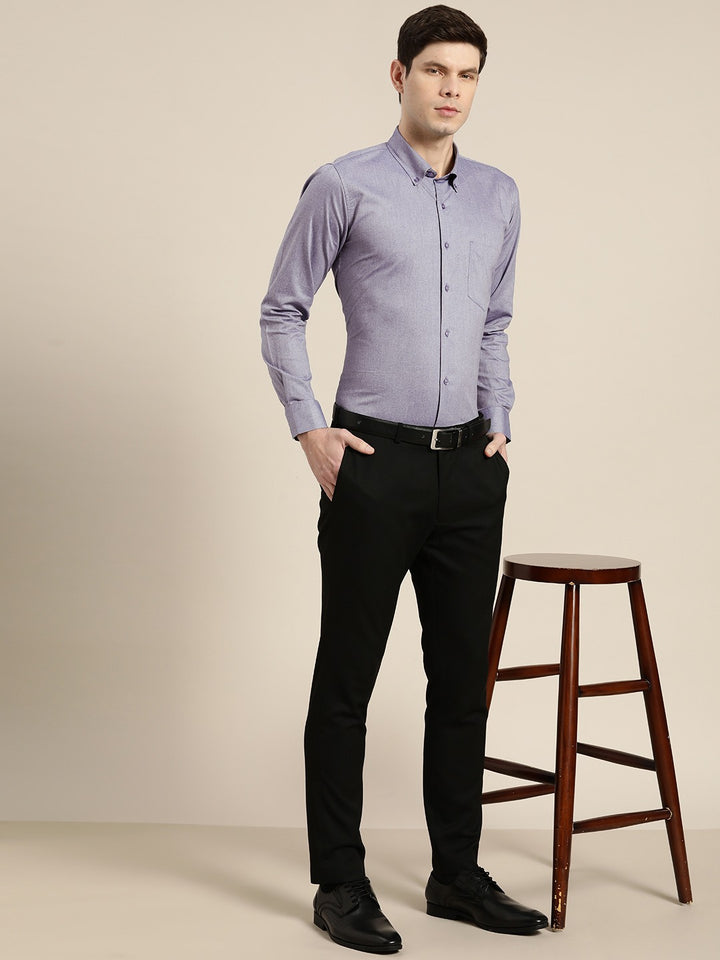 Men Navy Solid Chambray Button Down Collar Slim Fit Formal Shirt