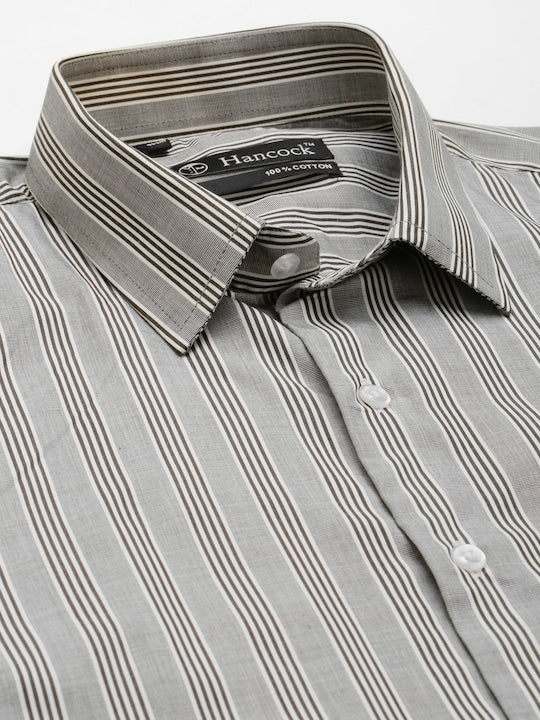 Men Grey & Black Striped Pure Cotton Slim Fit Formal Shirt