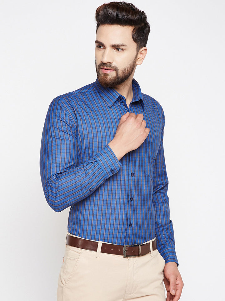 Men Blue Checks Cotton Rich Slim Fit Formal Shirt