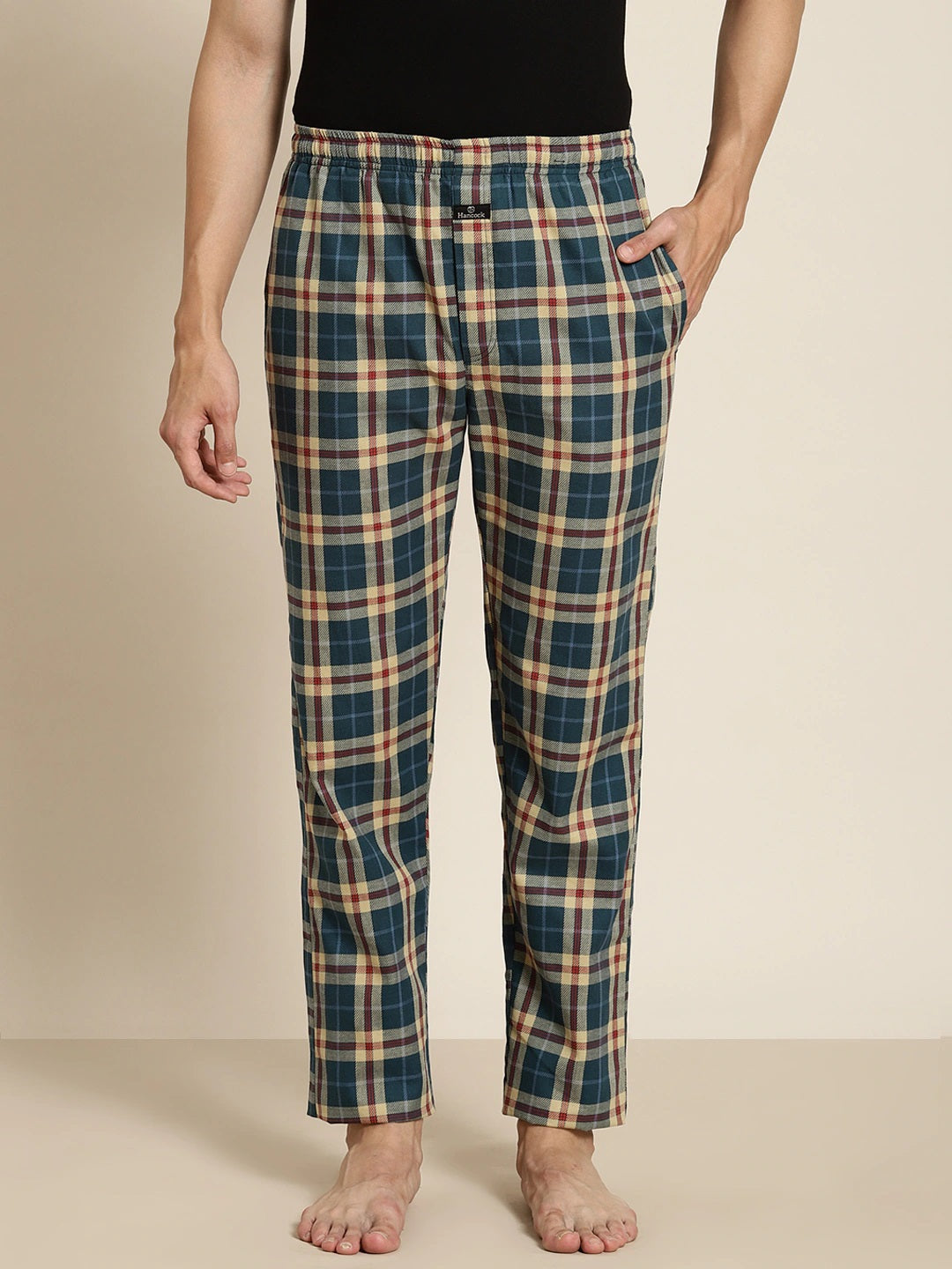 Men Turquoise-Beige Checks Pure Cotton Relaxed Fit Casual Lounge Pant