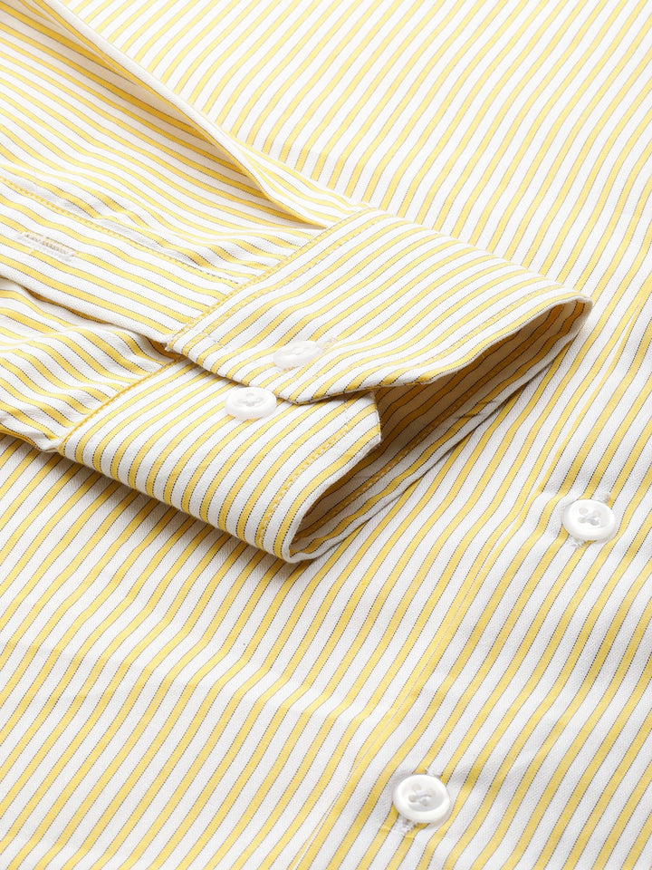 Men White & Yellow Stripes Pure Cotton Slim Fit Formal Shirt