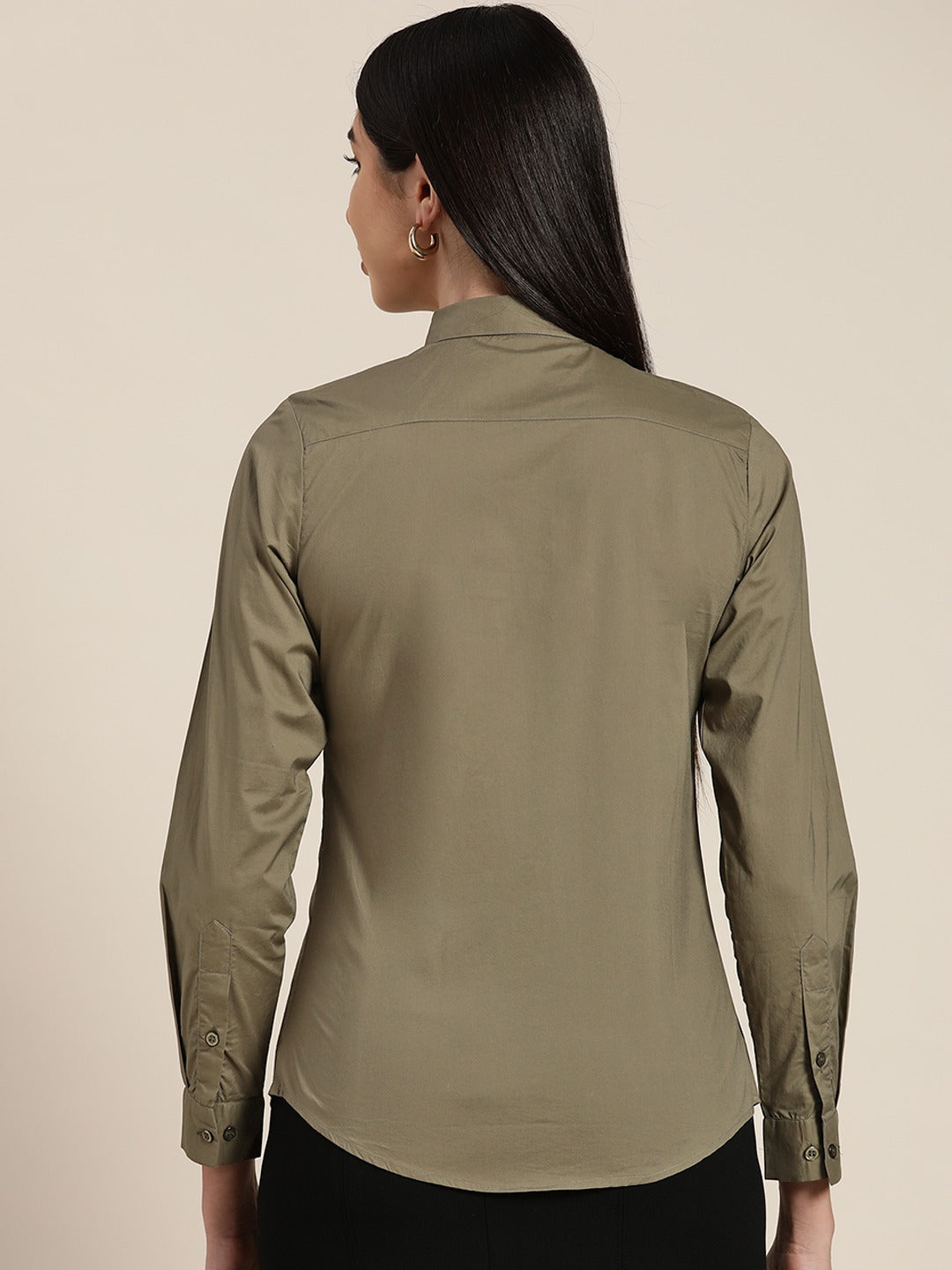 Women New Olive Solids Pure Cotton Slim Fit Formal Shirt