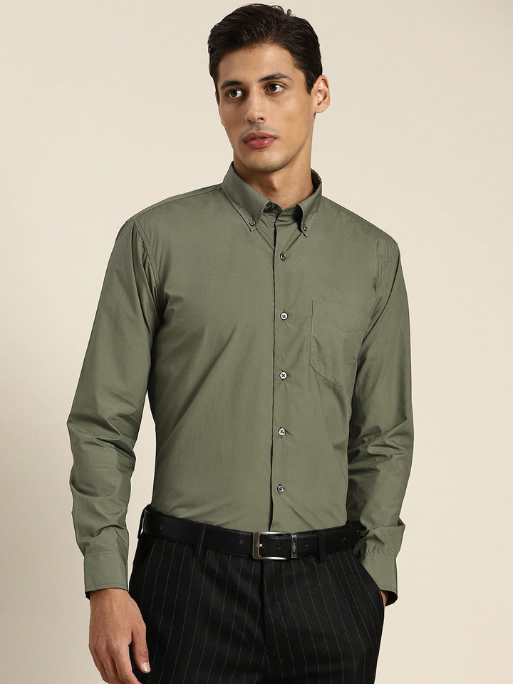 Men Dark Green Solids Pure Cotton Slim Fit Formal Shirt