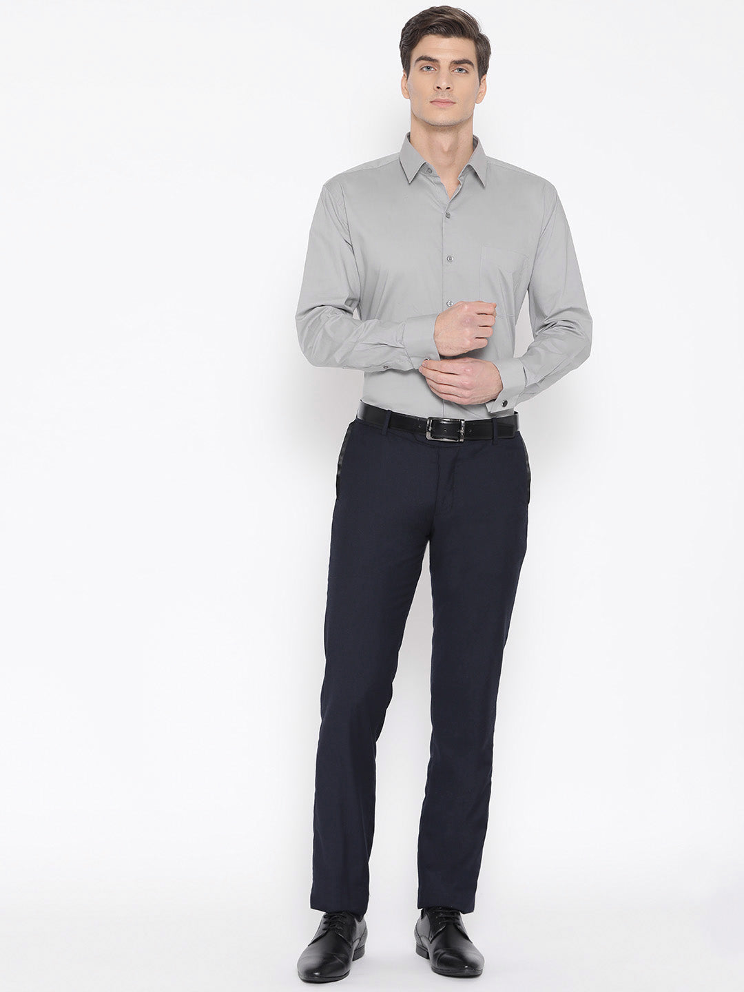 Men Light Grey Cotton Solid French Cuff Slim Fit Formal Shirt