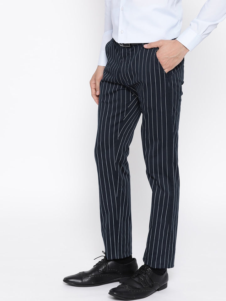 Men Navy Striped Cotton Stretch Slim Fit Formal Trouser