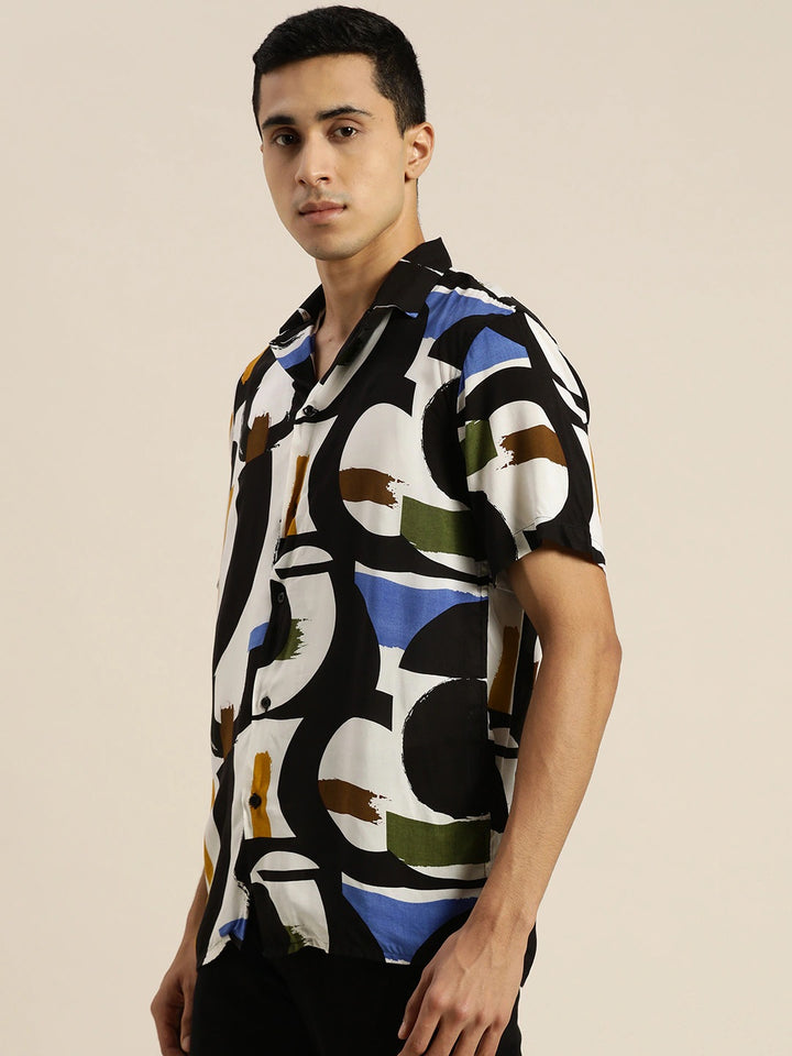 Men White & Black Prints Viscose Rayon Relaxed Fit Casual Resort Shirt