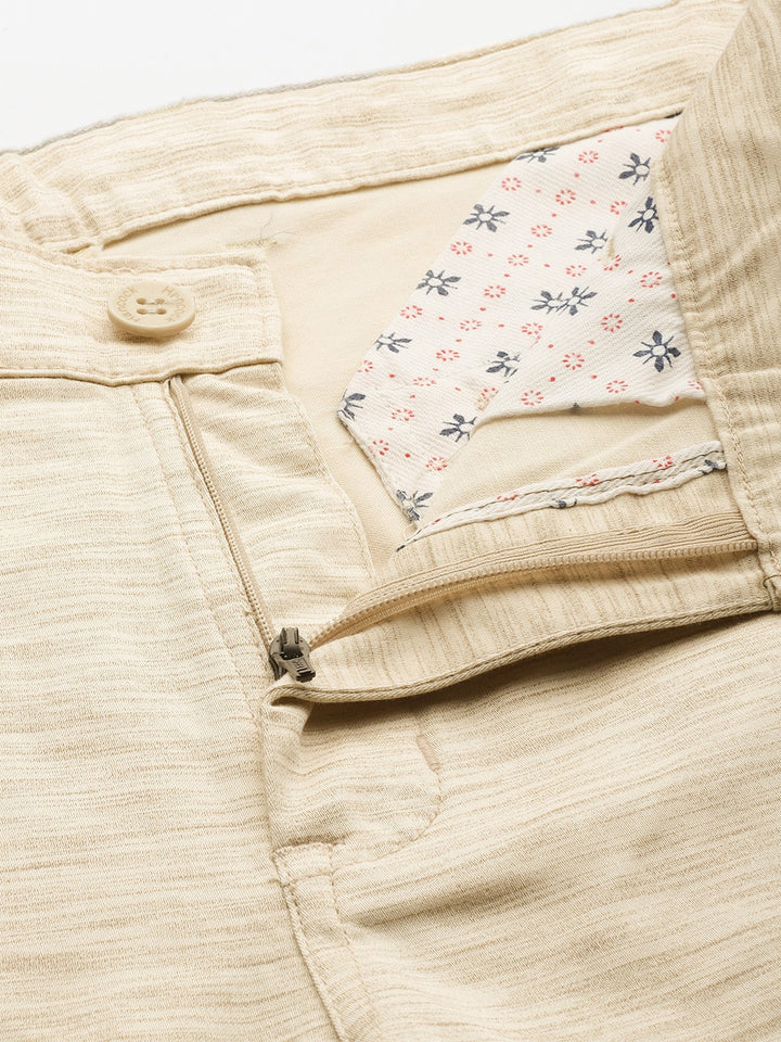 Men Beige Solids Cotton Elastene Slim Fit Formal Trouser