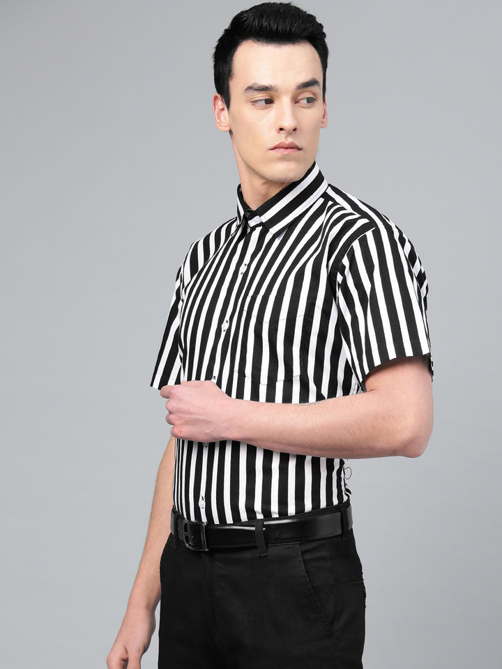 Men Black Pure Cotton Striped Slim Fit Formal Shirt