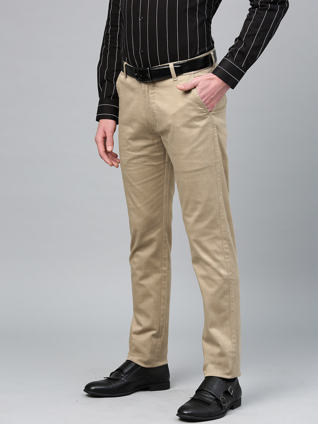 Men Beige Cotton Checked Slim Fit Casual Trouser