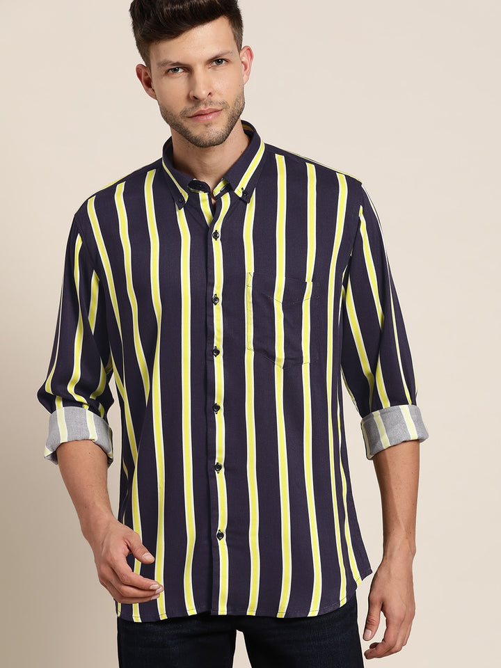 Men Navy & Yellow Striped Viscose Rayon Slim Fit Casual Shirt