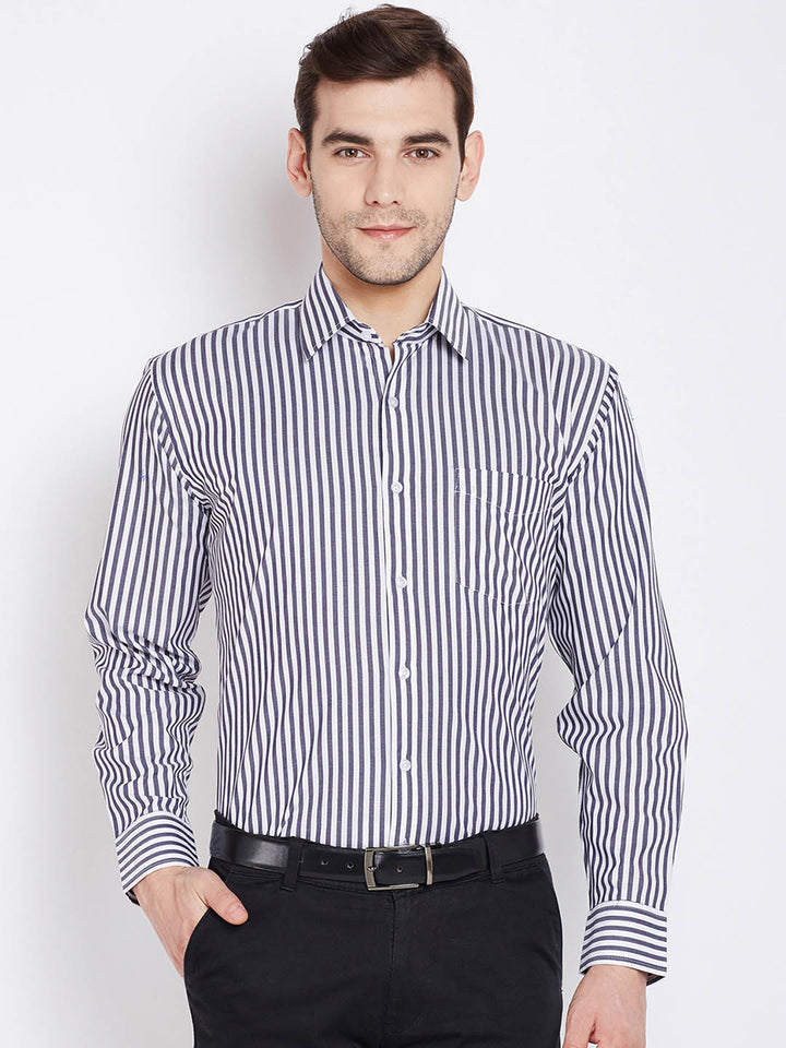 Men Grey & White Pure Cotton Striped Regular Fit Formal Shirt
