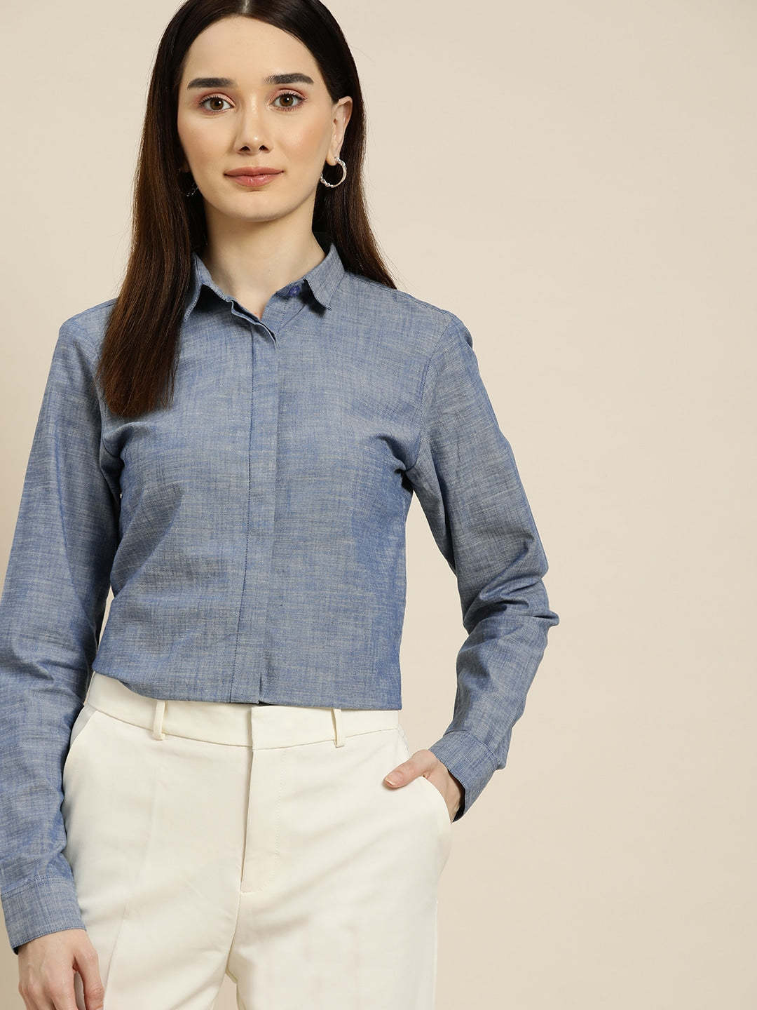 Women Blue Solids Pure Cotton Slim Fit Formal Shirt