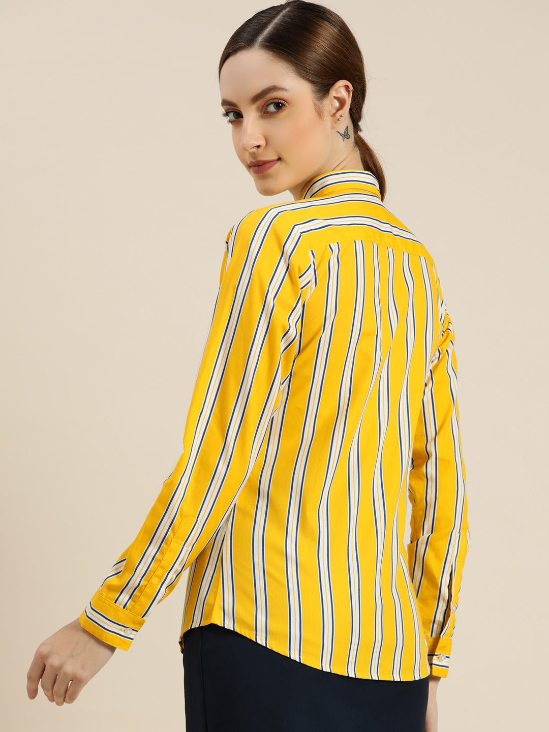 Women Yellow Striped Pure Cotton Slim Fit Formal Shirt