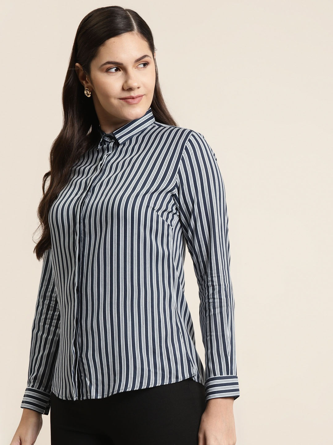 Women Navy & Sky Stripes Pure Cotton Slim Fit Formal Shirt