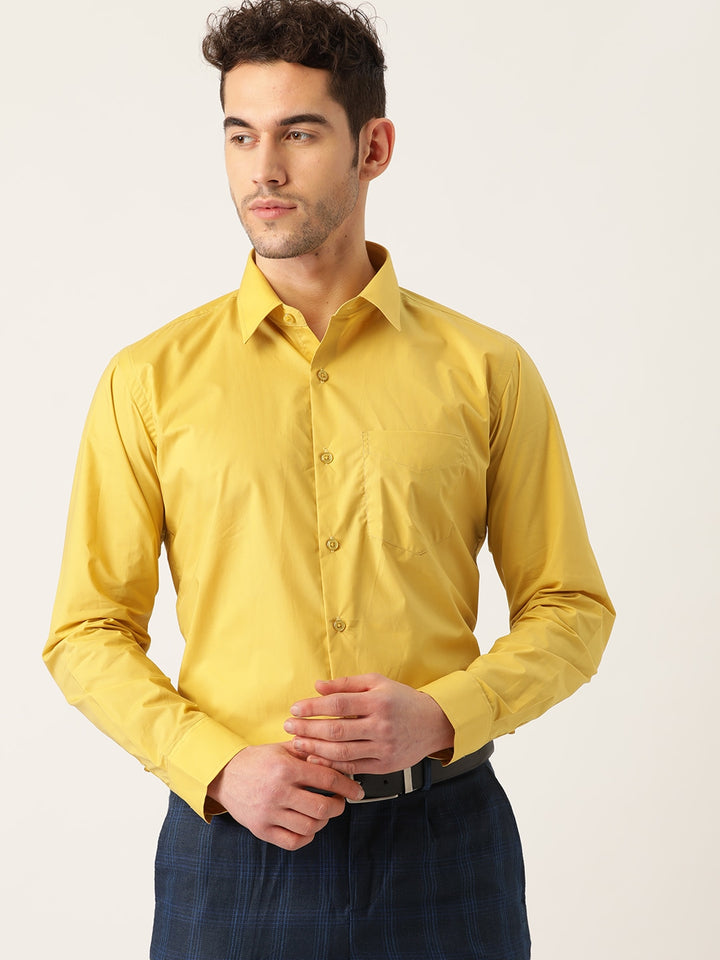 Men Mustard Solids Pure Cotton Slim Fit Formal Shirt