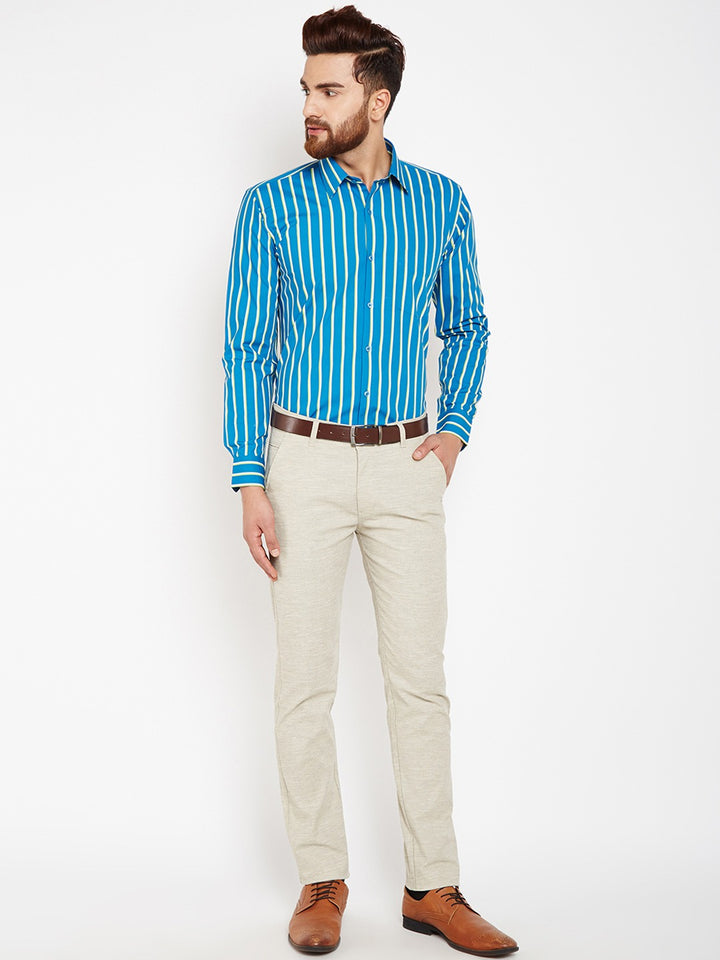 Men Blue Stripes Pure Cotton Slim Fit Formal Shirt