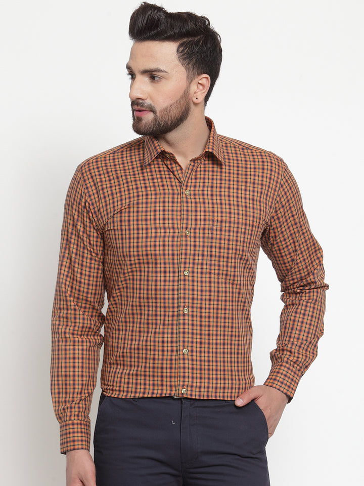 Men Mustard & Navy Pure Cotton Checked Slim Fit Formal Shirt