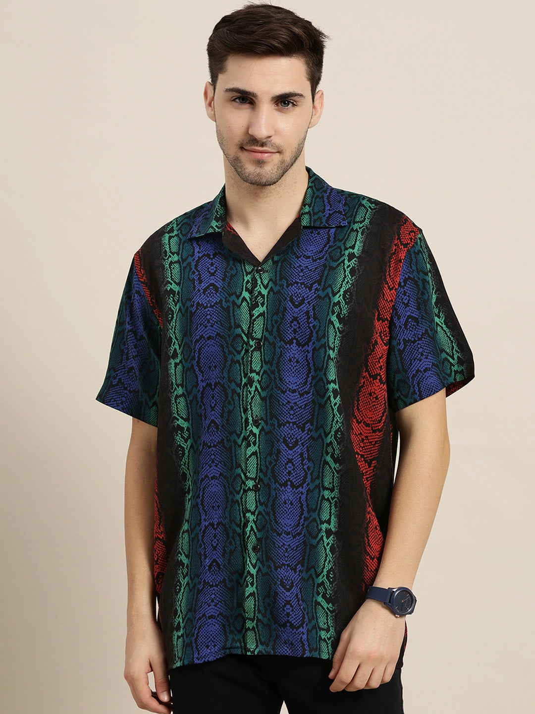 Men Black & Green Printed Viscose Rayon Relaxed Fit Casual Resort Shirt