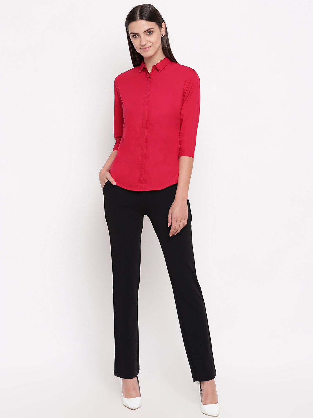 Women Red Pure Cotton Solid Slim Fit Formal Shirt