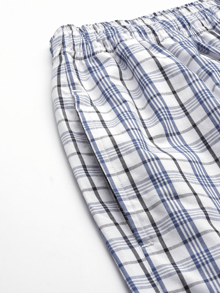 Men White & Blue Checks Pure Cotton Relaxed Fit Casual Lounge Pant