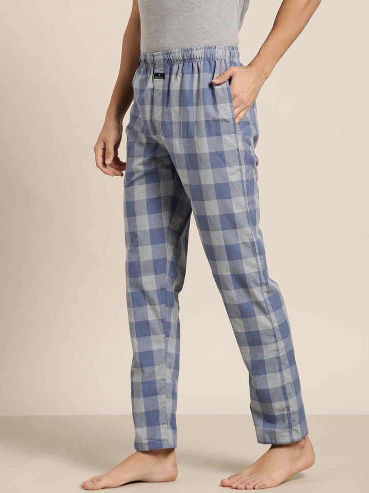 Men Blue Checked Cotton Relaxed Fit Casual Lounge Pant