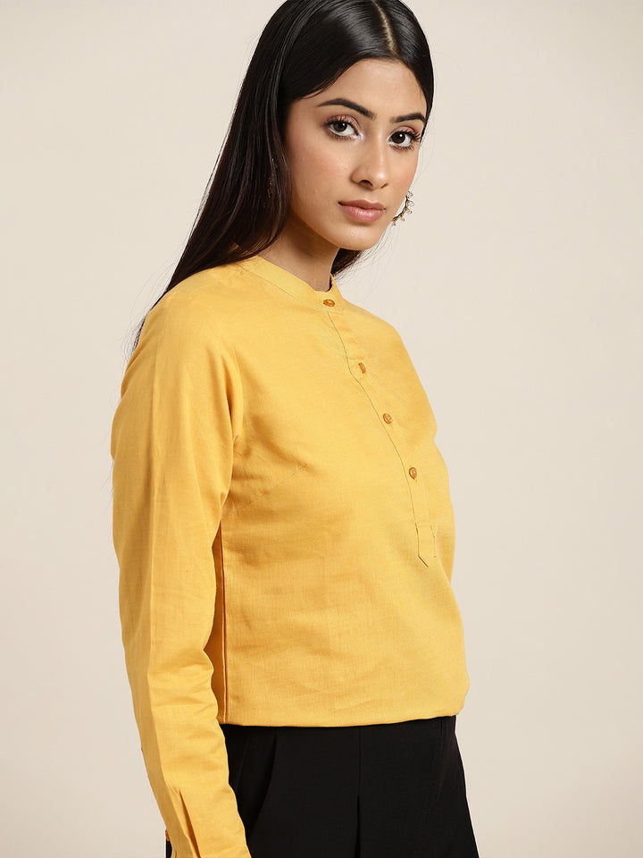 Women Mustard Solids Pure Cotton Slim Fit Formal Top