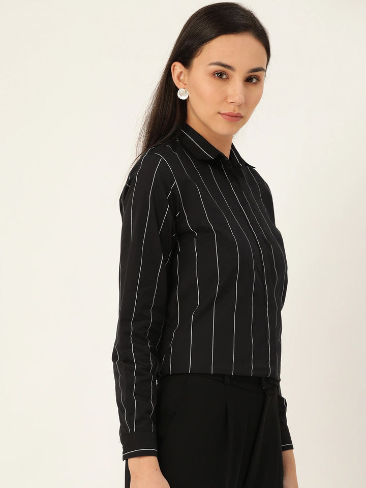 Women Black Stripes Pure Cotton Slim Fit Formal Shirt