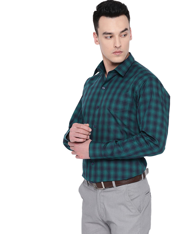 Men Green & Navy Cotton Checked Slim Fit Formal Shirt