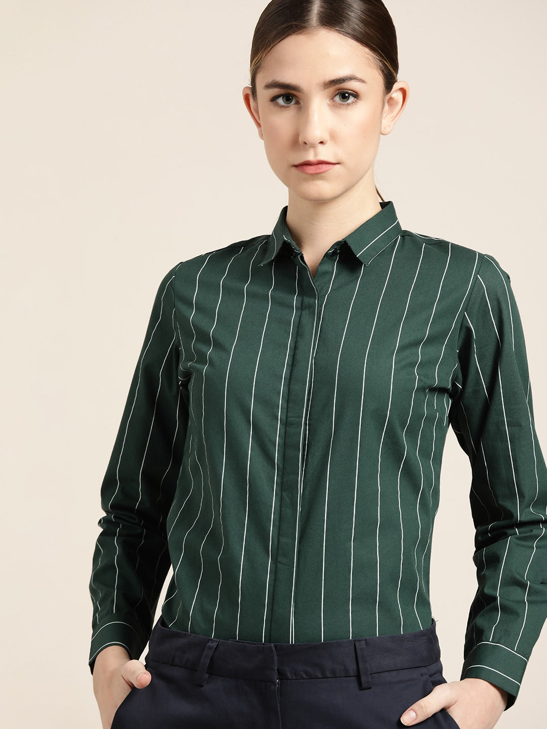 Women Bottle Green Striped Pure Cotton Slim Fit Formal Shirt