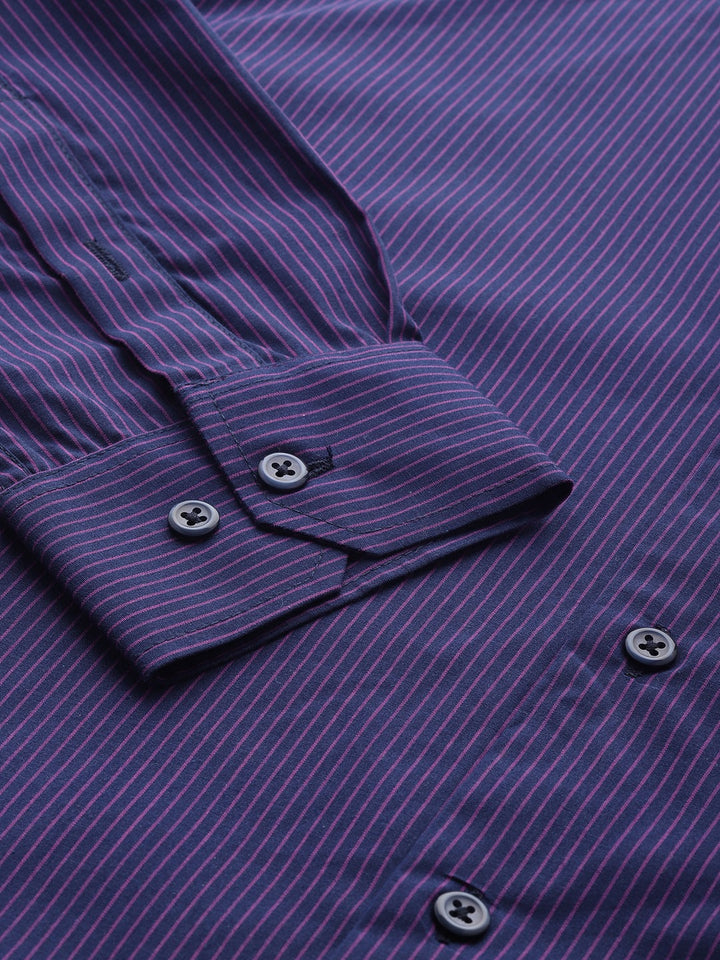 Men Navy Stripes Pure Cotton Slim Fit Formal Shirt